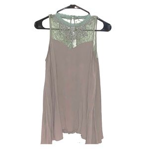 Long Olive Green Shift Blouse with Lace Overlay